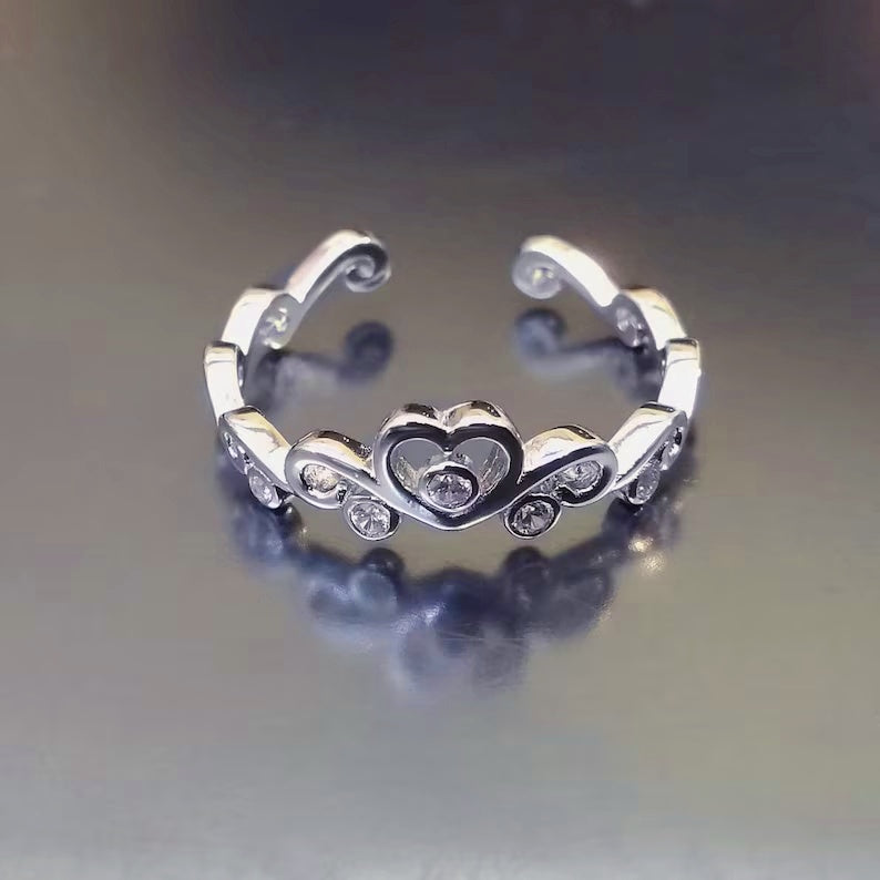 Adjustable Sterling Silver Diamond Crown Heart Ring