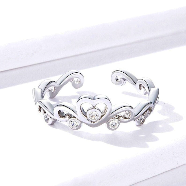 Adjustable Sterling Silver Diamond Crown Heart Ring