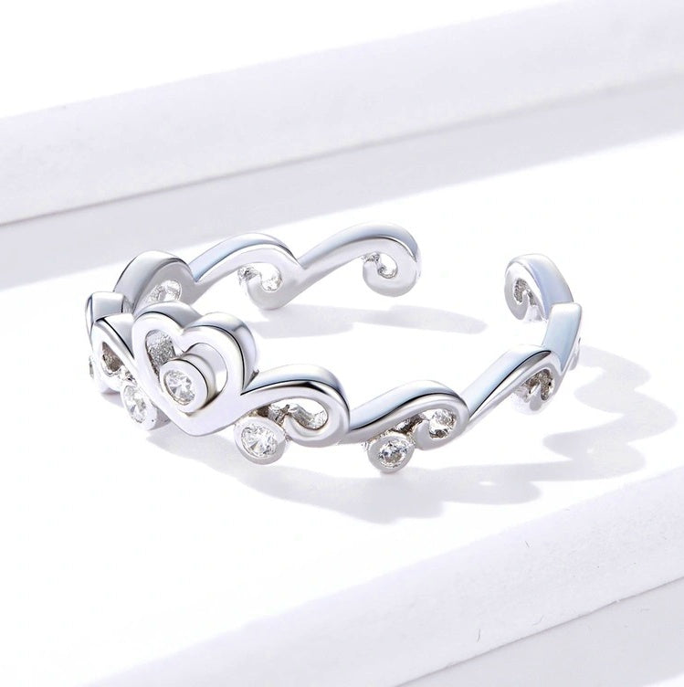 Adjustable Sterling Silver Diamond Crown Heart Ring