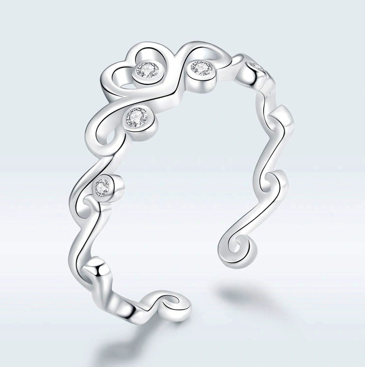 Adjustable Sterling Silver Diamond Crown Heart Ring