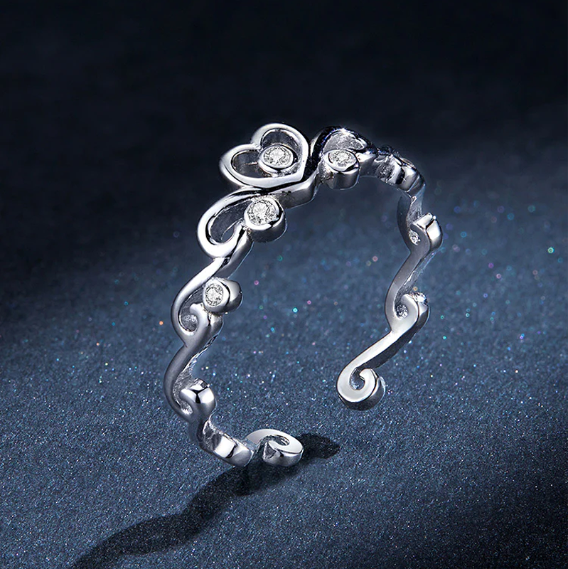 Adjustable Sterling Silver Diamond Crown Heart Ring