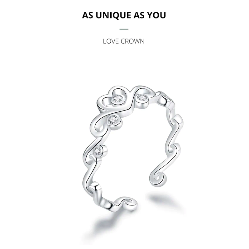 Adjustable Sterling Silver Diamond Crown Heart Ring