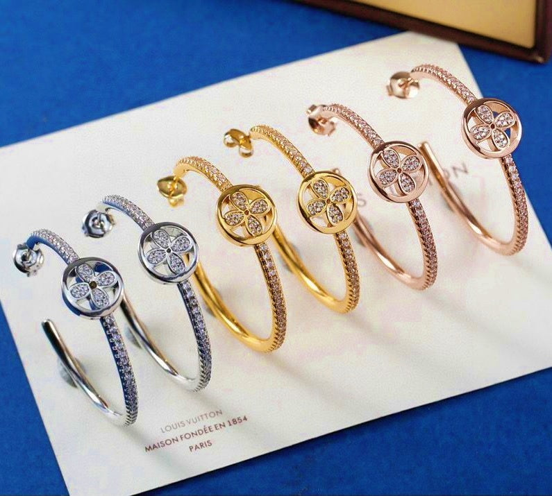 Diamond Flower Blossom Hoop Earrings
