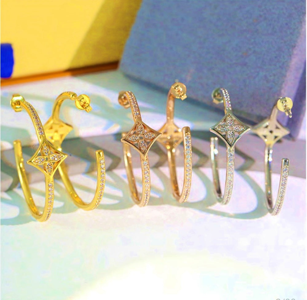 Diamond Flower Blossom Hoop Earrings