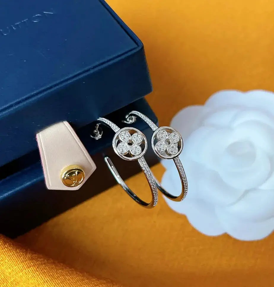 Diamond Flower Blossom Hoop Earrings