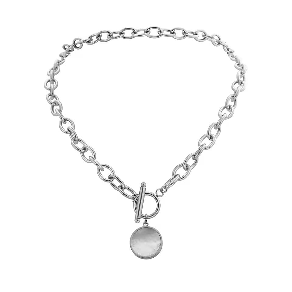 Mother Of Pearl Medallion Coin Toggle Chain Necklace