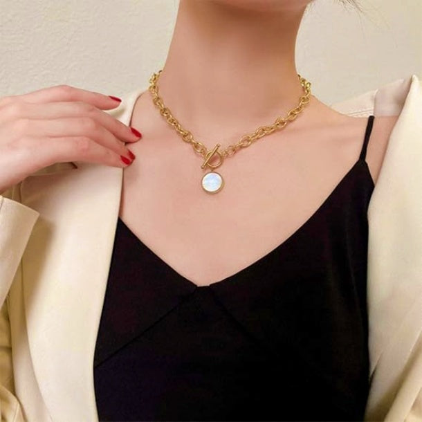 Mother Of Pearl Medallion Coin Toggle Chain Necklace