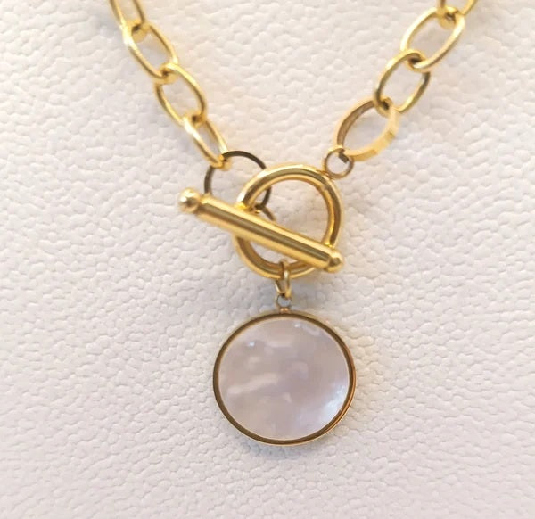 Mother Of Pearl Medallion Coin Toggle Chain Necklace