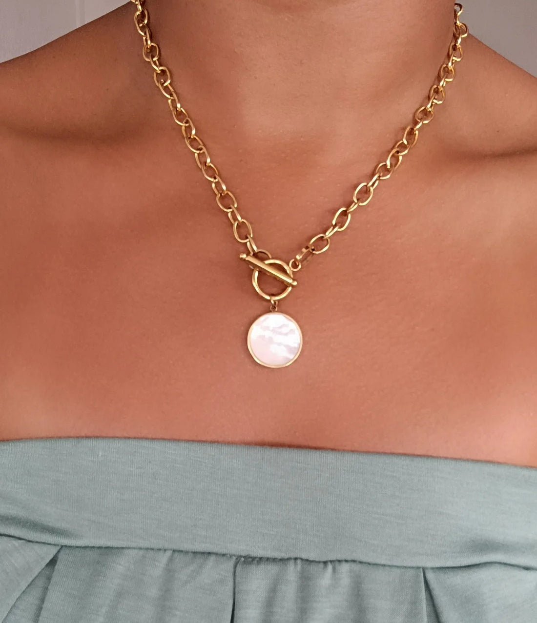 Mother Of Pearl Medallion Coin Toggle Chain Necklace