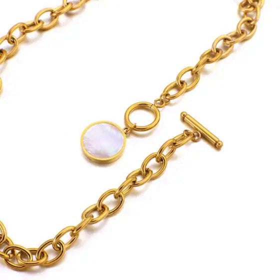 Mother Of Pearl Medallion Coin Toggle Chain Necklace