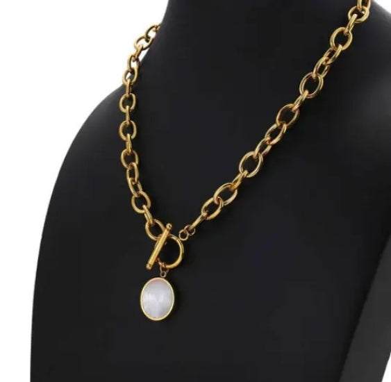 Mother Of Pearl Medallion Coin Toggle Chain Necklace