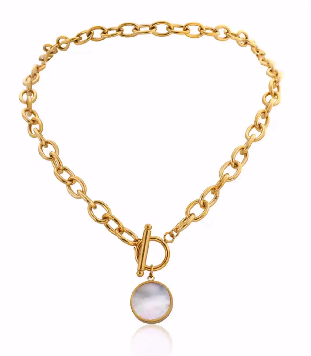 Mother Of Pearl Medallion Coin Toggle Chain Necklace
